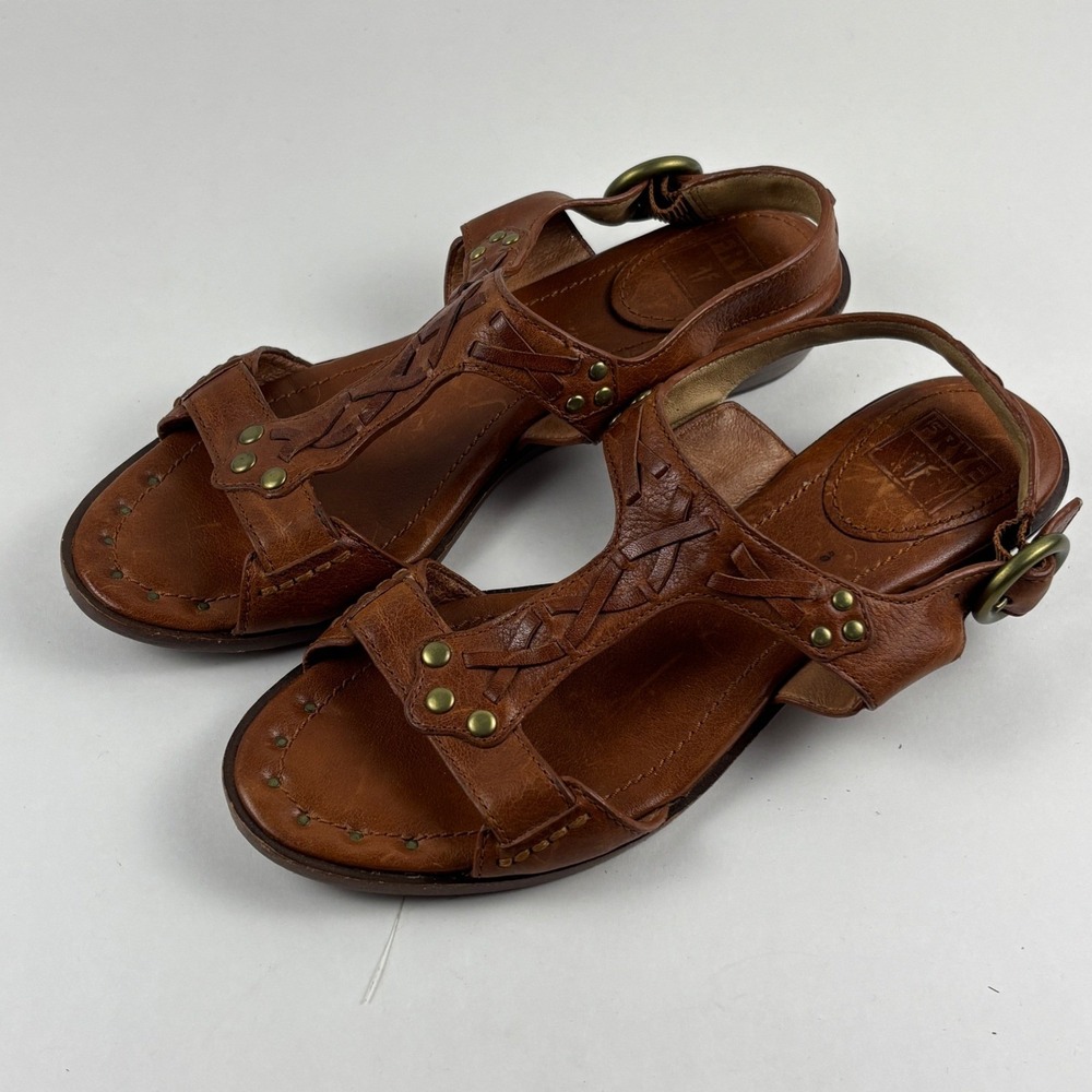 Frye Avery T-Strap Sandals Womens 6M Brown Leather Wedge Studded Boho Western